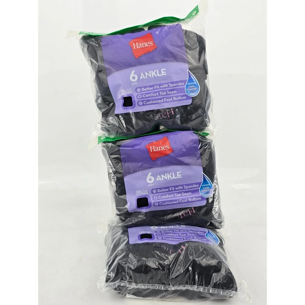 Hanes Ankle Socks Womens 5-9 Black Cushioned 6 Pair Packs -New